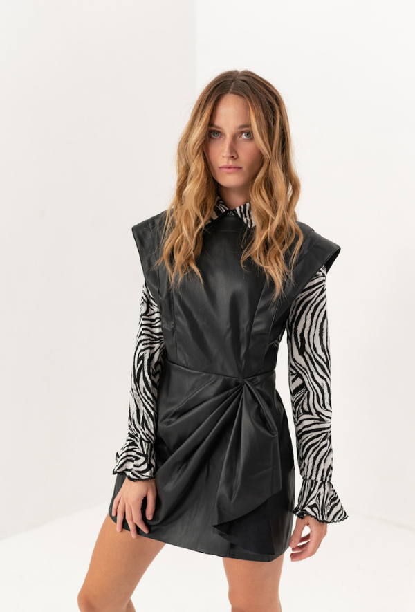 Ruched Leather Dress with Structured Sleeve in Black Clothing Dresses