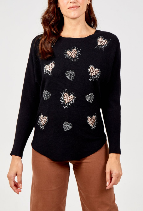 Black Crew Neck Jumper with Leopard & Diamanté Heart Print Sweatshirts