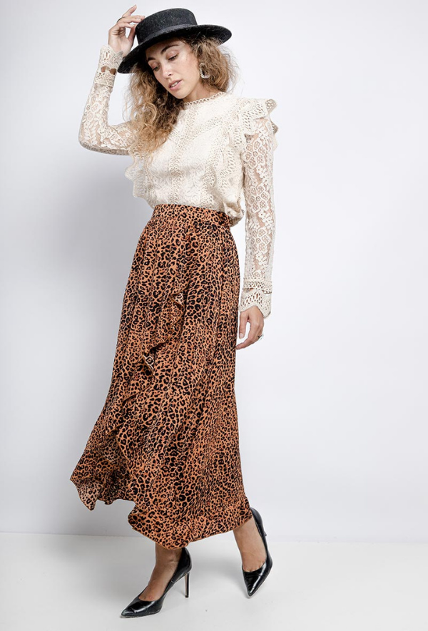 Midi Skirt with Frill Detail in Rust Leopard Print Clothing Dresses