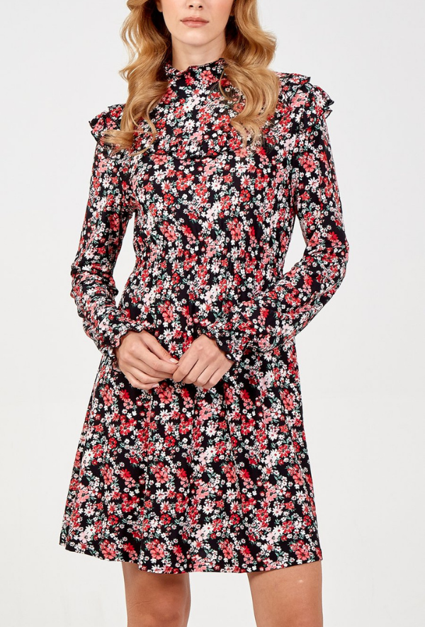 Nikki Long Sleeve Mini Dress with High Neck and Frill Detail in Ditsy Floral Print Clothing Dresses