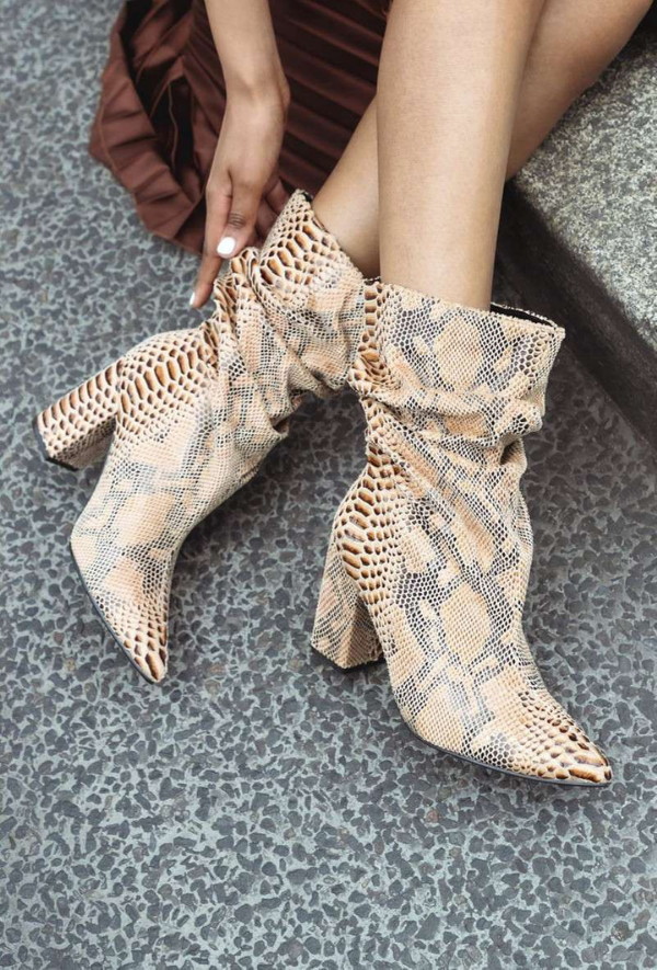 Slouched Boots with Block Heel in Snake Print Accessories Shoes & Boots