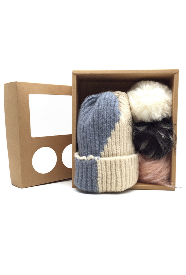 Detachable Pom Pom Beanie Hat Gift Set in Dark Grey & Cream Accessories Hats