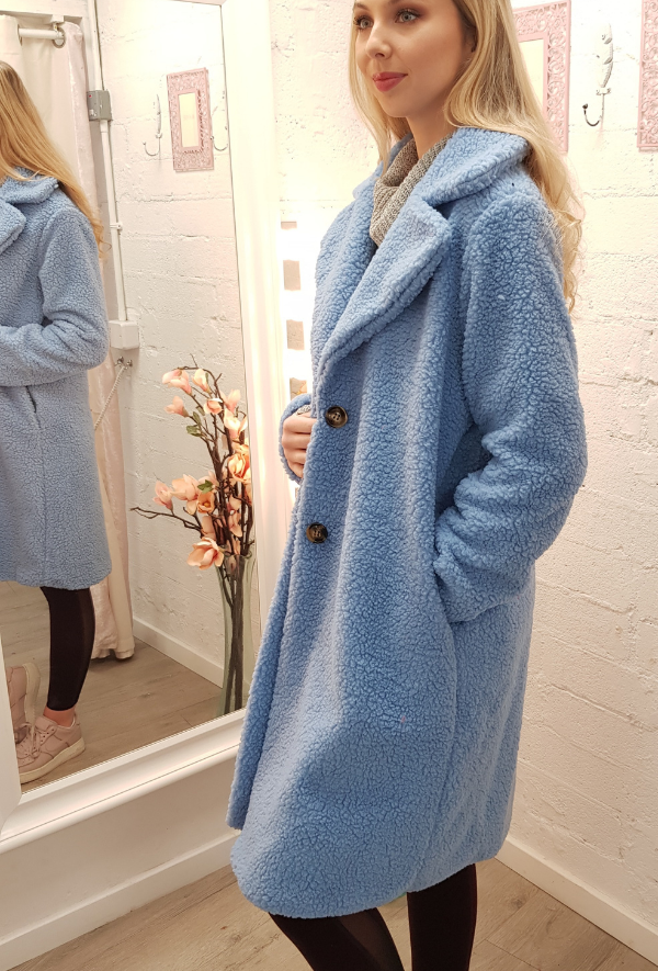 Oversized Faux Fur Teddy Coat in Baby Blue Clothing Coats & Jackets