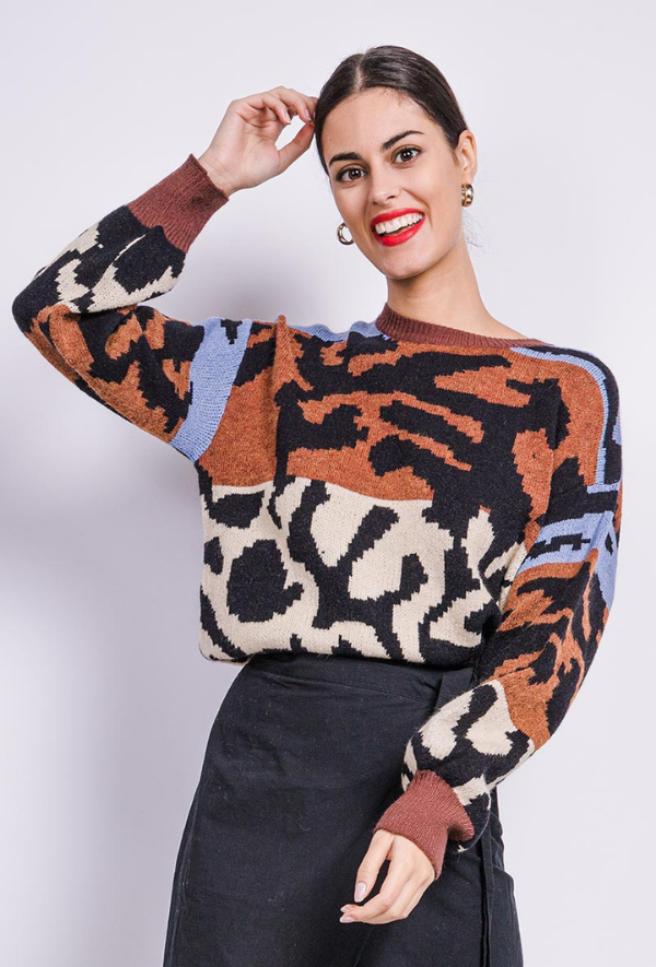 Wool knit Multicolour Animal Print Jumper in Orange + Blue Clothing Knitwear