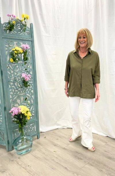 Moya Oversized Linen Shirt in Olive New Arrivals Clothing Tops